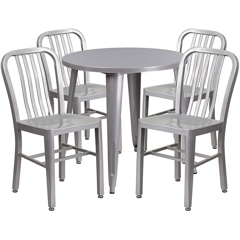 Flash Furniture Chad Indoor-Outdoor 30" Round Table Set with 4 Vertical Slat Back Chairs, Silver (CH519TH418VSIL) image 1