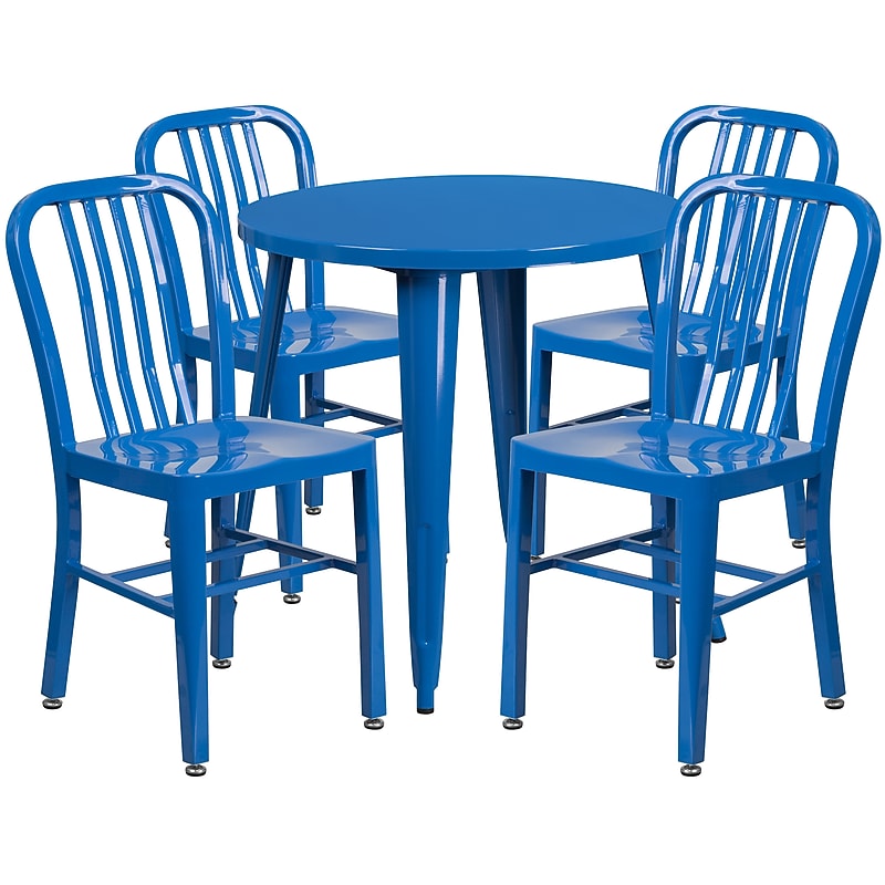 Flash Furniture Chad Indoor-Outdoor 30" Round Table Set with 4 Vertical Slat Back Chairs, Blue (CH519TH418VBL) image 1