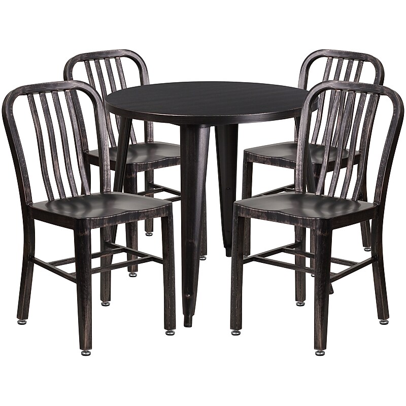 Flash Furniture Chad Indoor-Outdoor 30" Round Table Set with 4 Vertical Slat Back Chairs, Black-Antique Gold (CH519TH418VBQ) image 1