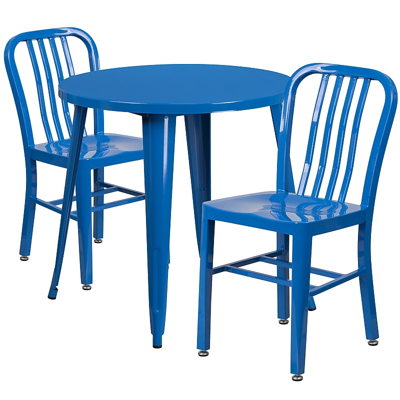 Flash Furniture Craig Indoor-Outdoor 30" Round Table Set with 2 Vertical Slat Back Chairs, Blue (CH519TH218VBL) image 1