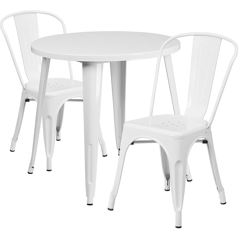 Flash Furniture Baker Indoor-Outdoor 30" Round Table Set with 2 Cafe Chairs, White (CH519TH218CWH) image 1