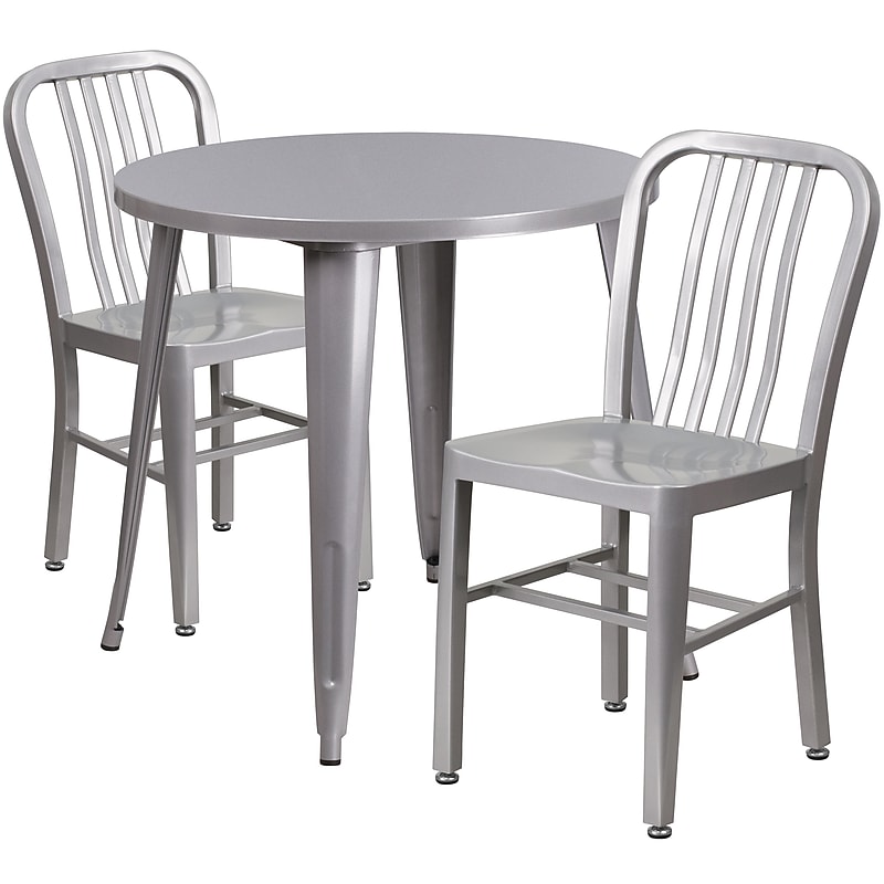 Flash Furniture Craig Indoor-Outdoor 30" Round Table Set with 2 Vertical Slat Back Chairs, Silver (CH519TH218VSIL) image 1