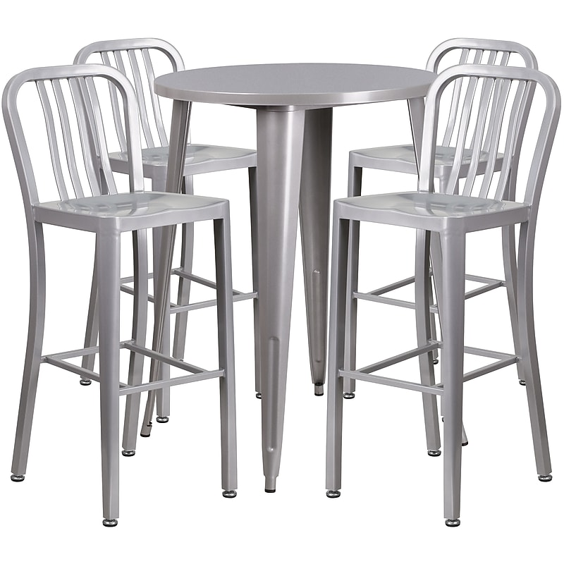 Flash Furniture Tristan Indoor-Outdoor 30" Round Bar Table Set with 4 Vertical Slat Back Stools, Silver (CH519BH430VSIL) image 1
