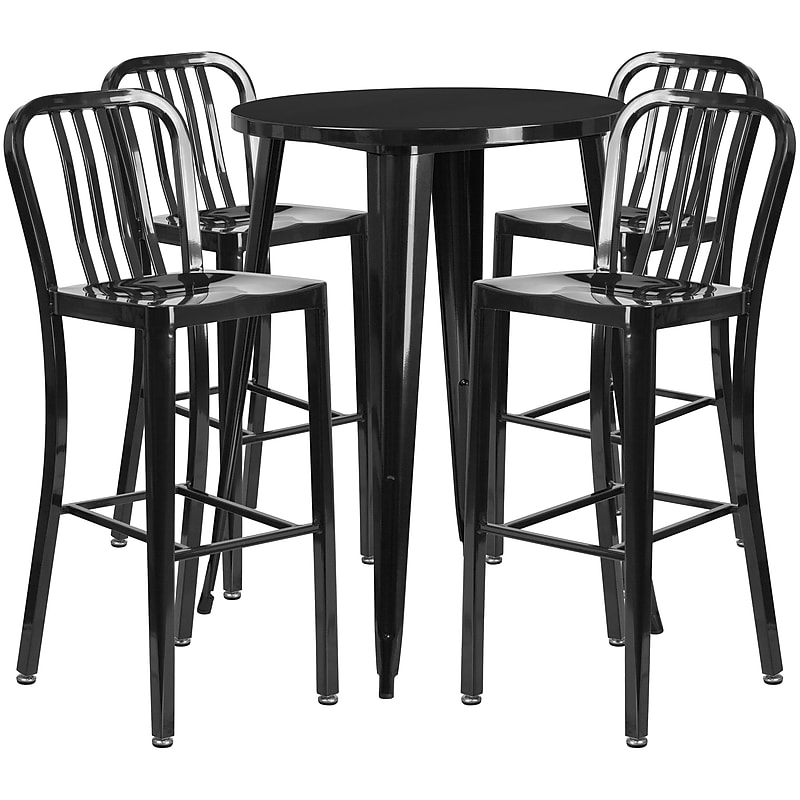 Flash Furniture Tristan Indoor-Outdoor 30" Round Bar Table Set with 4 Vertical Slat Back Stools, Black (CH519BH430VBK) image 1