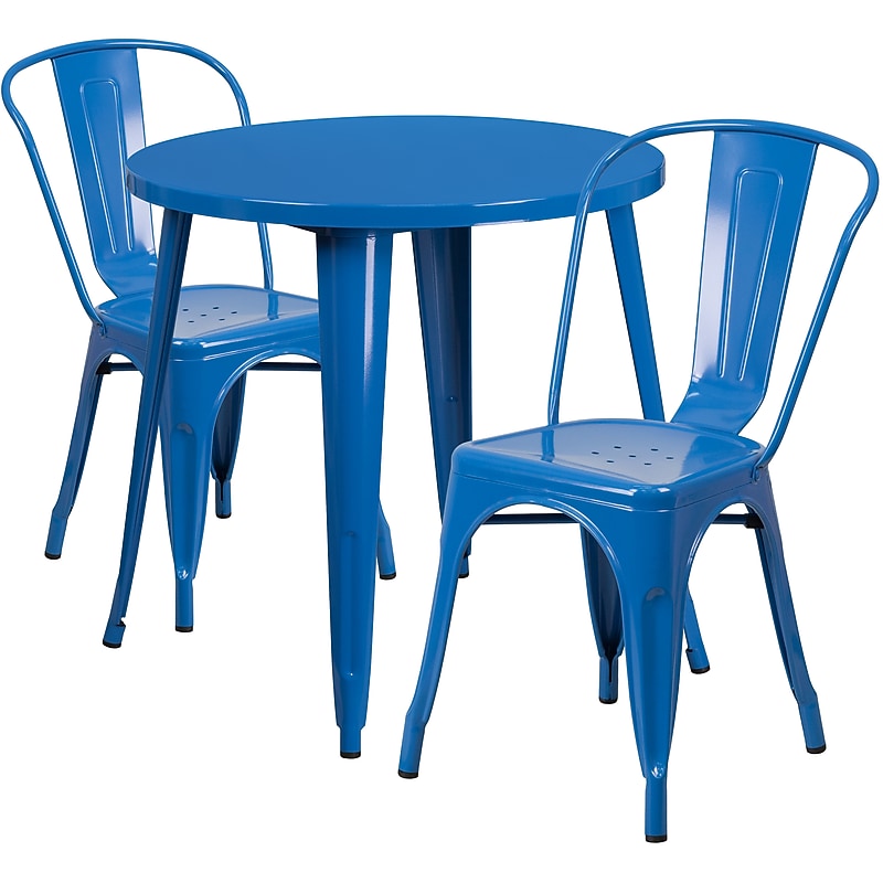 Flash Furniture Baker Indoor-Outdoor 30" Round Table Set with 2 Cafe Chairs, Blue (CH519TH218CBL) image 1