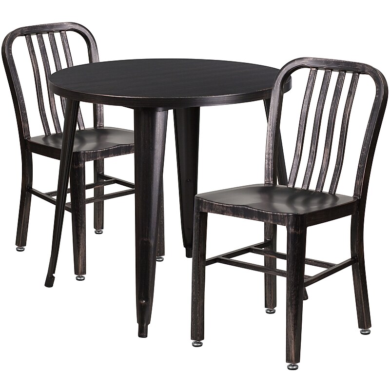 Flash Furniture Craig Indoor-Outdoor 30" Round Table Set with 2 Vertical Slat Back Chairs, Black-Antique Gold (CH519TH218VBQ) image 1