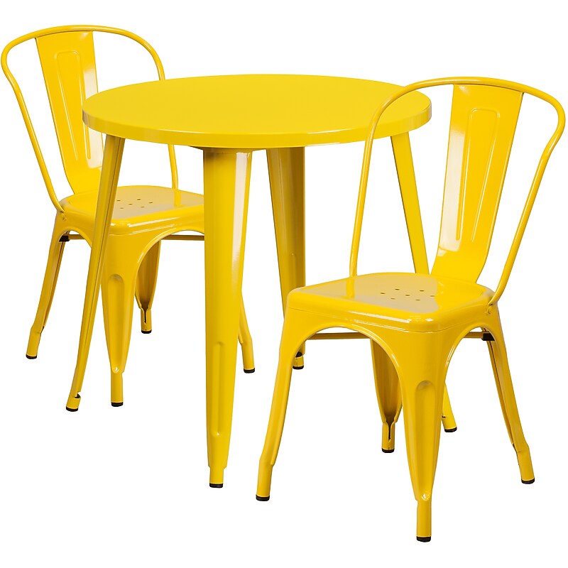 Flash Furniture Baker Indoor-Outdoor 30" Round Table Set with 2 Cafe Chairs, Yellow (CH519TH218CYL) image 1