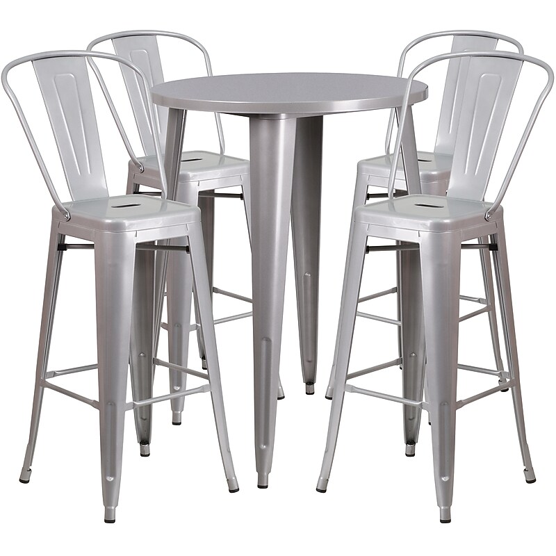 Flash Furniture Callum Indoor-Outdoor 30" Round Bar Table Set with 4 Cafe Stools, Silver (CH519BH430CSIL) image 1
