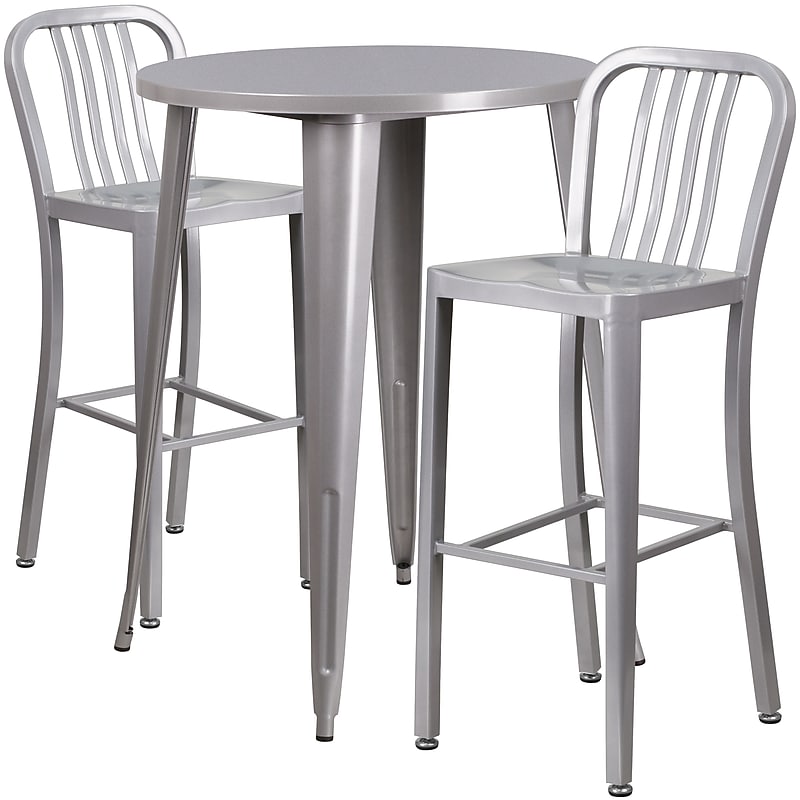 Flash Furniture Brad Indoor-Outdoor 30" Round Bar Table Set with 2 Vertical Slat Back Stools, Silver (CH519BH230VSIL) image 1
