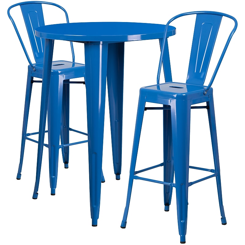 Flash Furniture Caron Indoor-Outdoor 30" Round Bar Table Set with 2 Cafe Stools, Blue (CH519BH230CBL) image 1