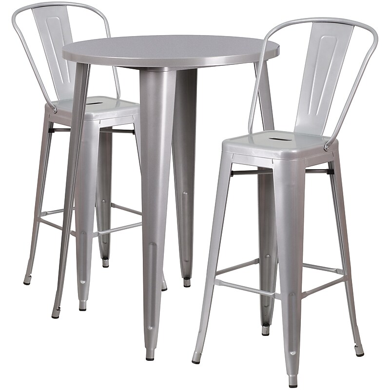 Flash Furniture Caron Indoor-Outdoor 30" Round Bar Table Set with 2 Cafe Stools, Silver (CH519BH230CSIL) image 1