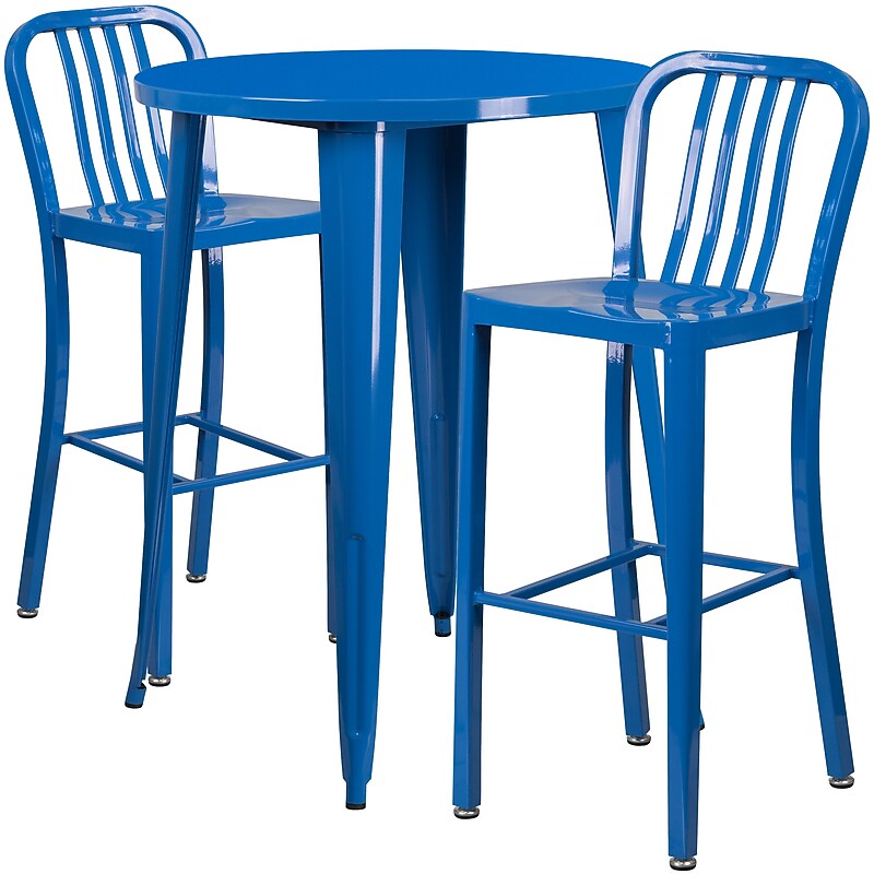 Flash Furniture Brad Indoor-Outdoor 30" Round Bar Table Set with 2 Vertical Slat Back Stools, Blue (CH519BH230VBL) image 1