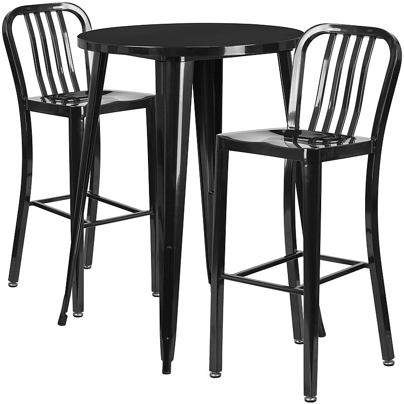 Flash Furniture Brad Indoor-Outdoor 30" Round Bar Table Set with 2 Vertical Slat Back Stools, Black (CH519BH230VBK) image 1