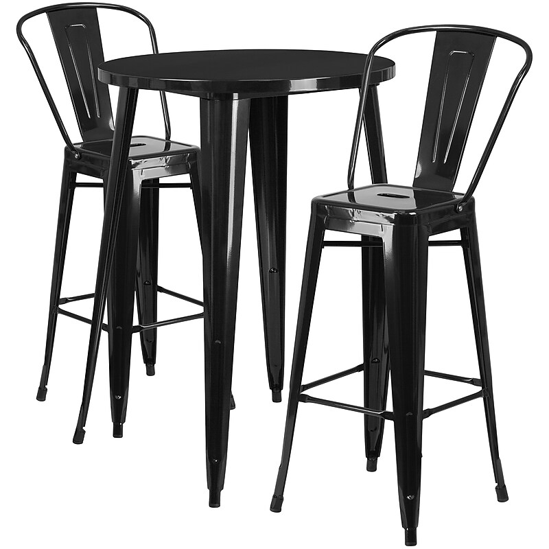 Flash Furniture Caron Indoor-Outdoor 30" Round Bar Table Set with 2 Cafe Stools, Black (CH519BH230CBK) image 1