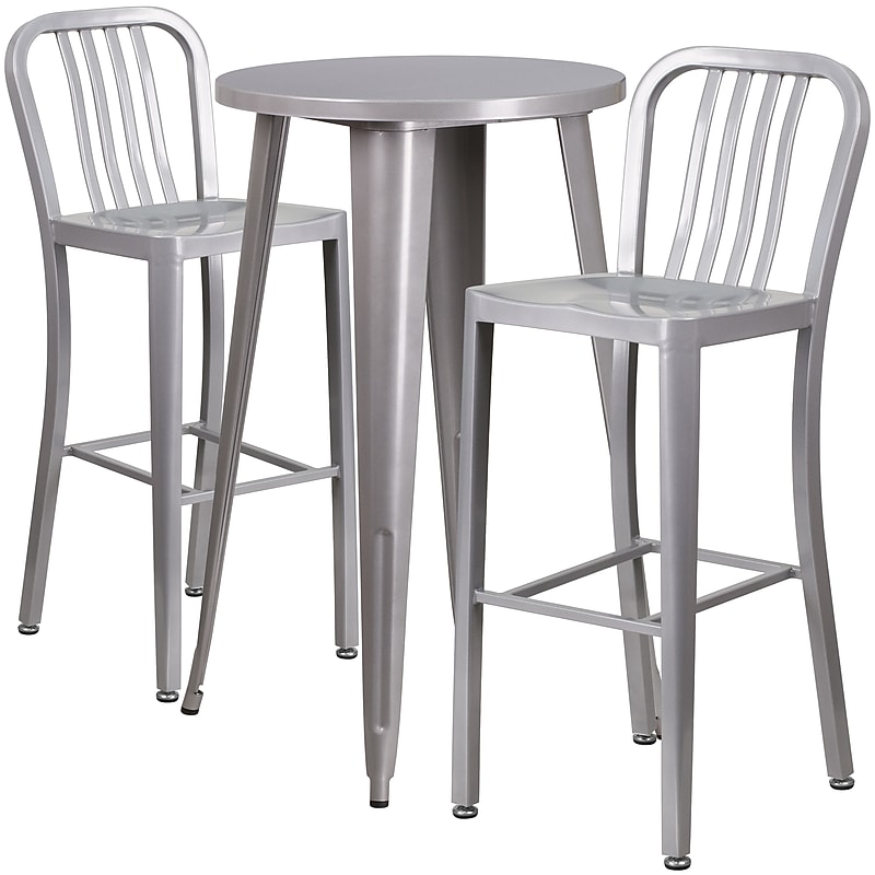 Flash Furniture Earl Indoor-Outdoor 24" Round Bar Table Set with 2 Vertical Slat Back Stools, Silver (CH518BH230VSIL) image 1