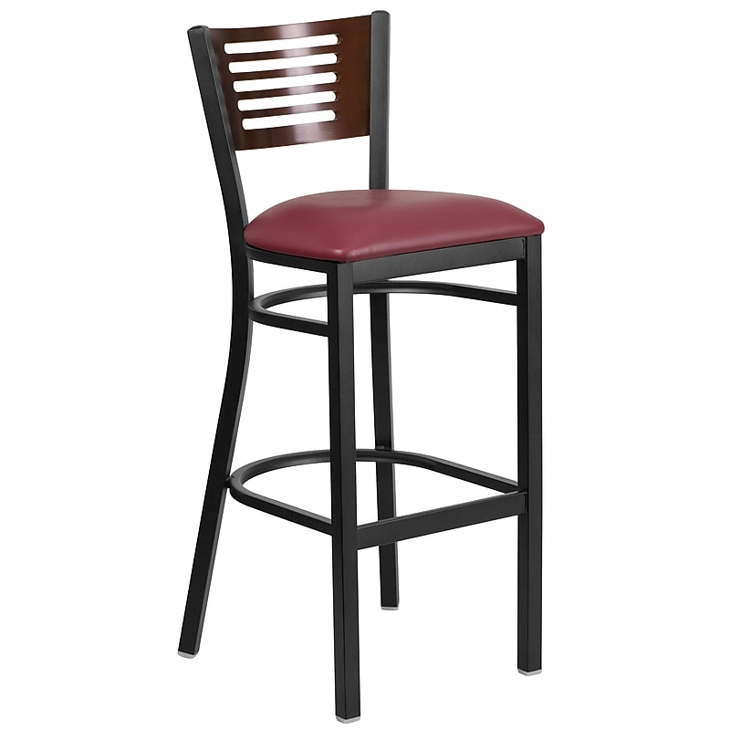 Flash Furniture HERCULES Series Traditional Metal Slat Back Restaurant Barstool, Black/Walnut Wood/Burgundy (XUDG6H1BWALBGV) image 1