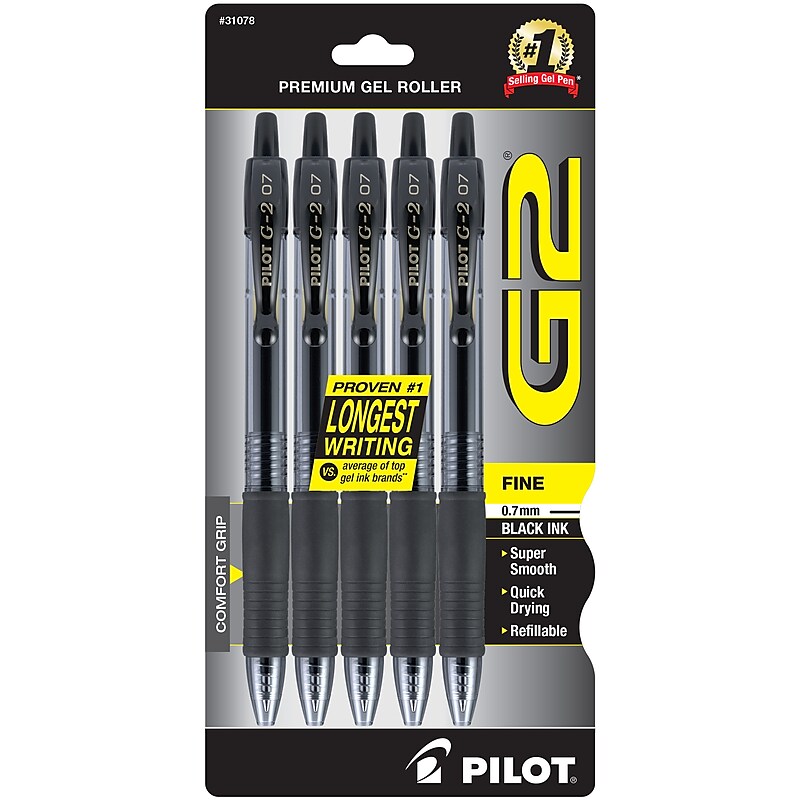 Pilot G2 Retractable Gel Pens, Fine Point, Black Ink, 5/Pack (31078) image 1