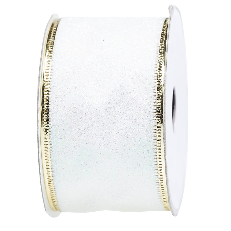JAM Paper Wire Edged Ribbon, White Glitter Holiday Design (210427874) image 1