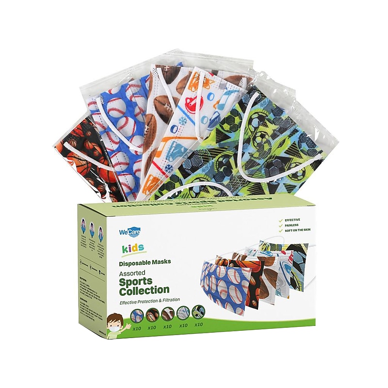 WeCare 3-ply Disposable Face Masks, Kids, Assorted Sports Designs, 50/Pack (WMN100080) image 1