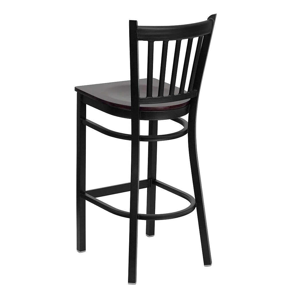 Close-up of bar stool chair: seat and curved legs in black