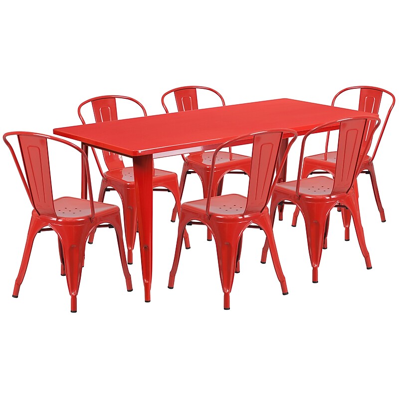 Flash Furniture Gilbert Indoor-Outdoor Table Set with 6 Stack Chairs, 63" x 31.5", Red (ETCT005630RED) image 1