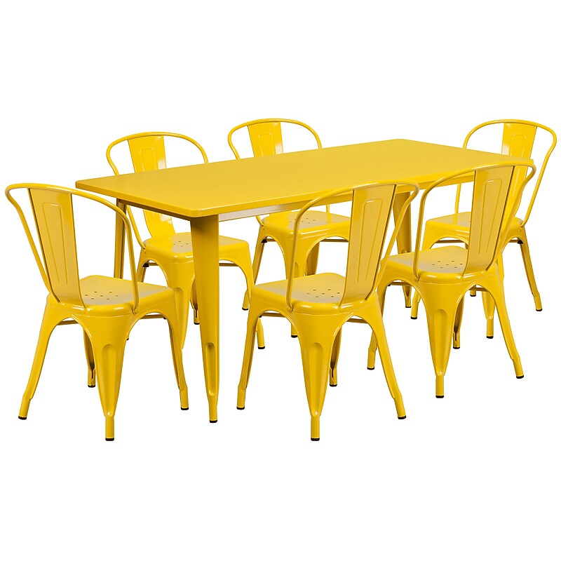 Flash Furniture Gilbert Indoor-Outdoor Table Set with 6 Stack Chairs, 63" x 31.5", Yellow (ETCT005630YL) image 1