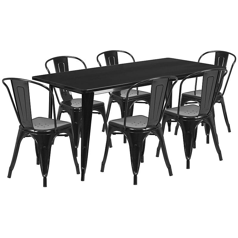 Flash Furniture Gilbert Indoor-Outdoor Table Set with 6 Stack Chairs, 63" x 31.5", Black (ETCT005630BK) image 1
