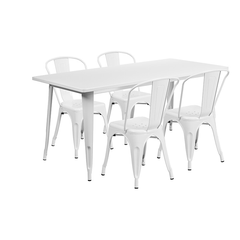 Flash Furniture Darcy Indoor-Outdoor Table Set with 4 Stack Chairs, 63" x 31.5", White (ETCT005430WH) image 1