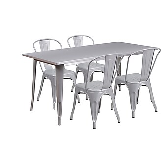 Flash Furniture Darcy Indoor-Outdoor Table Set with 4 Stack Chairs, 63" x 31.5", Silver (ETCT005430SIL)