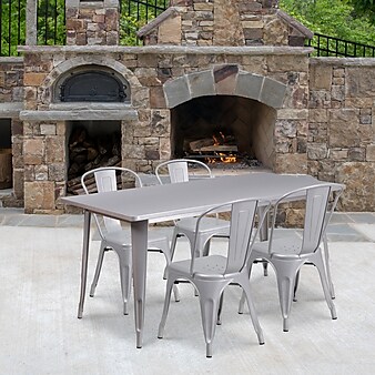 Flash Furniture Darcy Indoor-Outdoor Table Set with 4 Stack Chairs, 63" x 31.5", Silver (ETCT005430SIL)