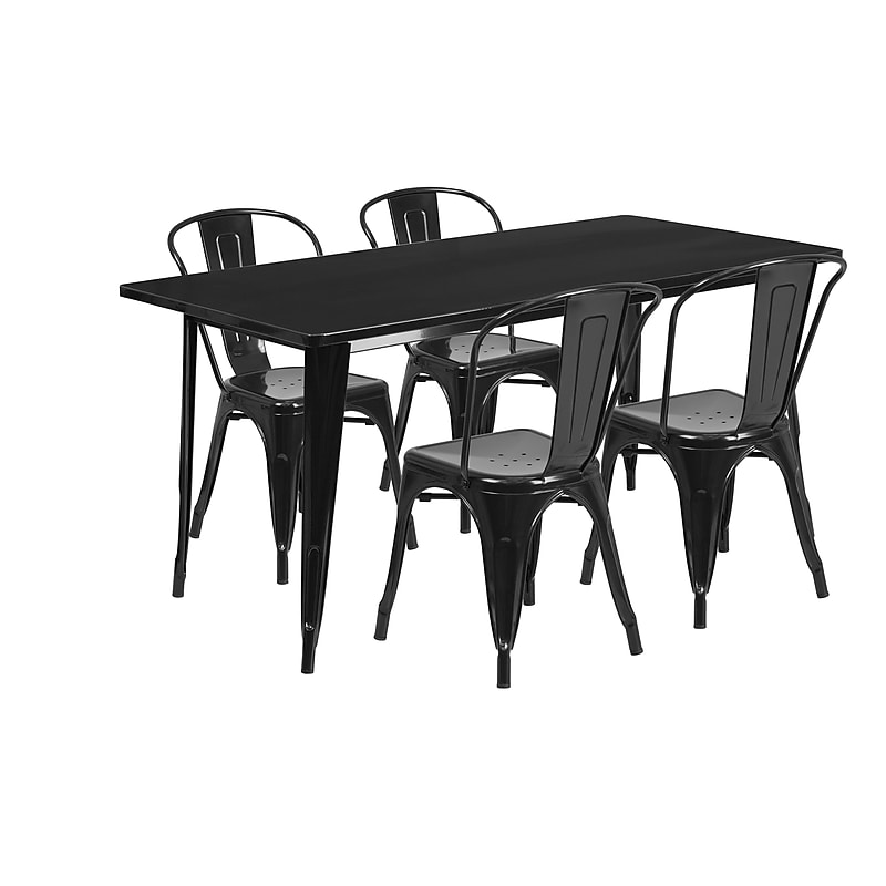 Flash Furniture Darcy Indoor-Outdoor Table Set with 4 Stack Chairs, 63" x 31.5", Black (ETCT005430BK) image 1