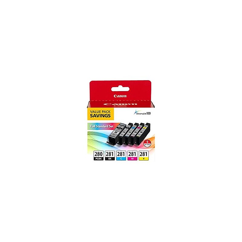 Canon PGI 280 / CLI-281 5 Color Value Pack Cyan Standard Yield and Magenta/Yellow/Black/Black Ink Cartridges (2075C006) image 1