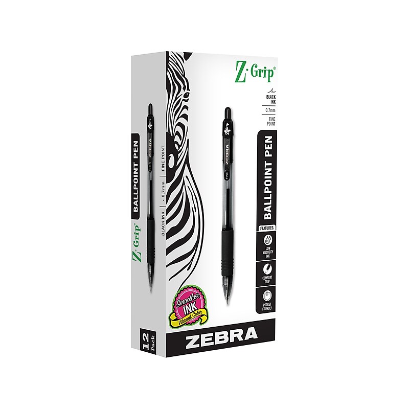 Zebra Z-Grip Retractable Ballpoint Pens, Fine Point, 0.7mm, Black Ink, Dozen (23910) image 1