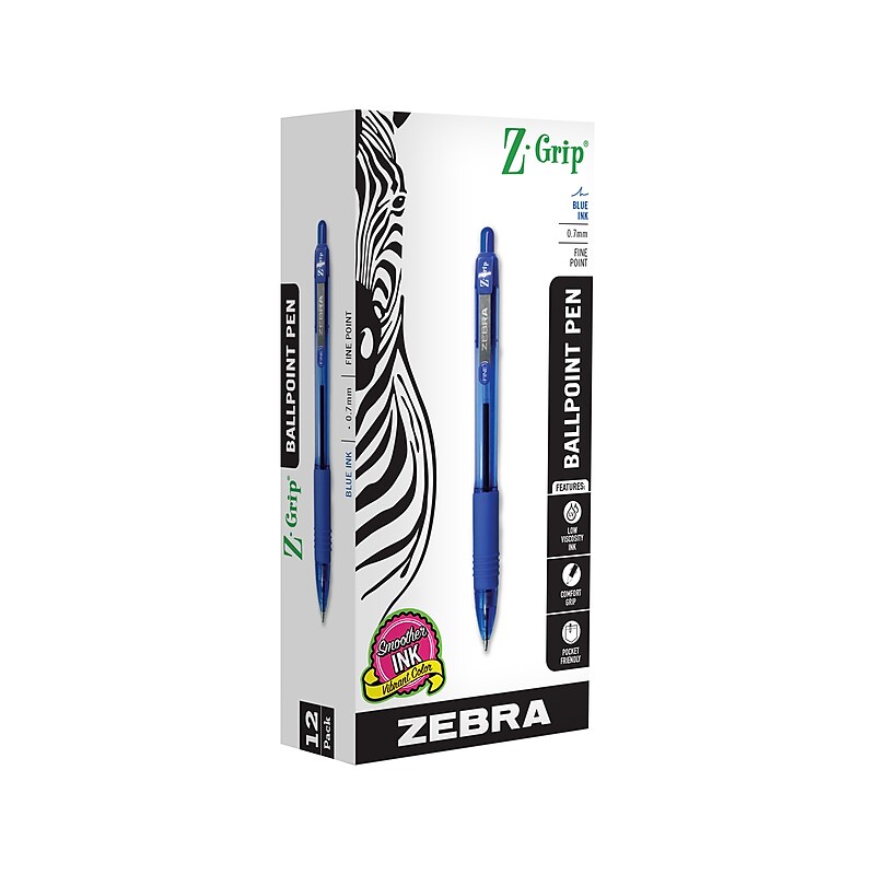 Zebra Z-Grip Retractable Ballpoint Pen, Fine Point, 0.7mm, Blue Ink, Dozen (23920) image 1