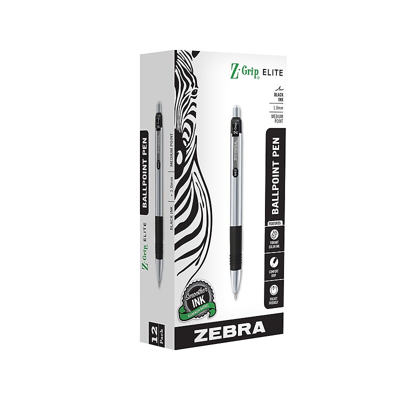 Zebra Z-Grip Elite Retractable Ballpoint Pen, Medium Point, 1.0mm, Black Ink, Dozen (27010) image 1