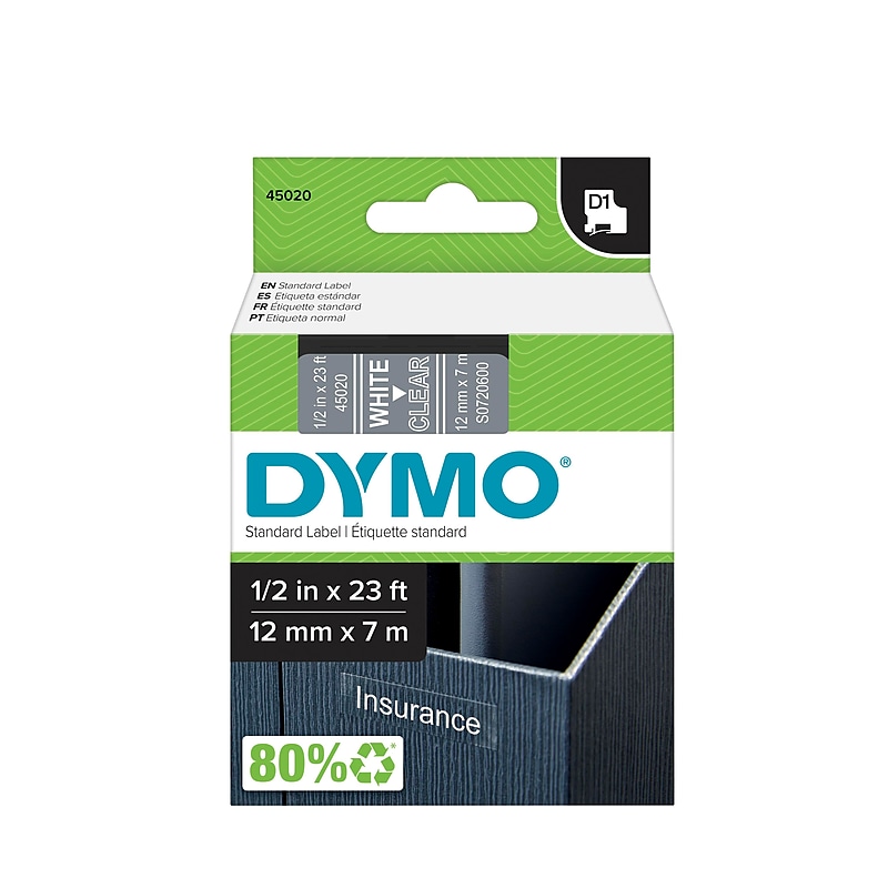 DYMO D1 Standard 45020 Label Maker Tape, 1/2" x 23', White on Clear (45020) image 1