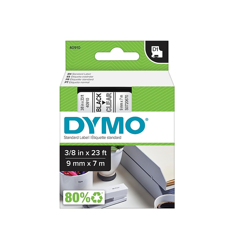 DYMO D1 Standard 40910 Label Maker Tape, 3/8" x 23', Black on Clear (40910) image 1