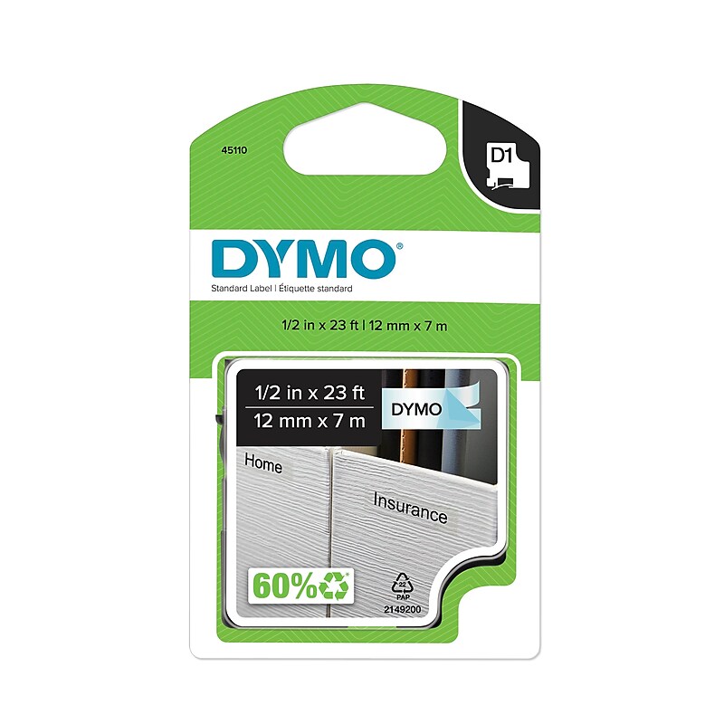 DYMO D1 Standard 45110 Label Maker Tape, 1/2" x 23', Black on Clear (45110) image 1