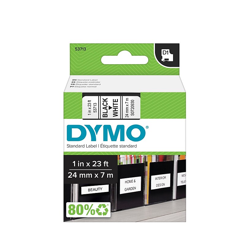 DYMO D1 Standard 53713 Label Maker Tape, 1" x 23', Black on White (53713) image 1