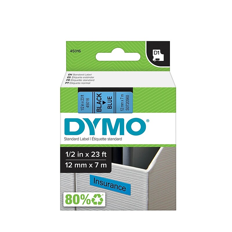 DYMO D1 Standard 45016 Label Maker Tape, 1/2" x 23', Black on Blue (45016) image 1