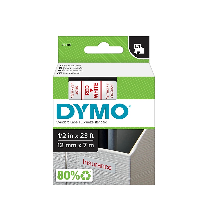 DYMO D1 Standard 45015 Label Maker Tape, 1/2" x 23', Red on White (45015) image 1