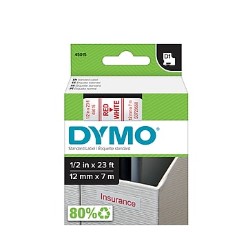DYMO D1 45015 Label Maker Tape, 1/2"W, Red on White