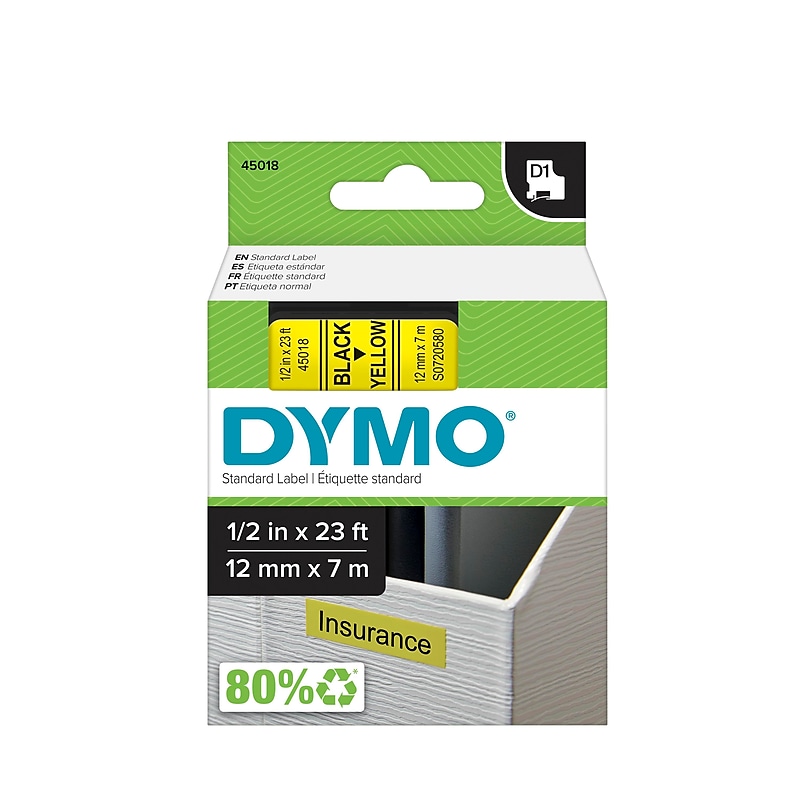 DYMO D1 Standard 45018 Label Maker Tape, 1/2" x 23', Black on Yellow (45018) image 1