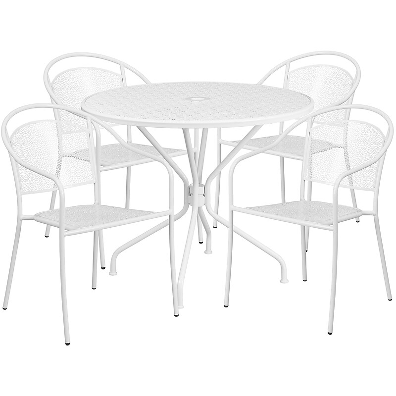 Flash Furniture Oia Indoor-Outdoor 35.25" Round Steel Patio Table Set with 4 Round Back Chairs, White (CO35RD03CHR4WH) image 1