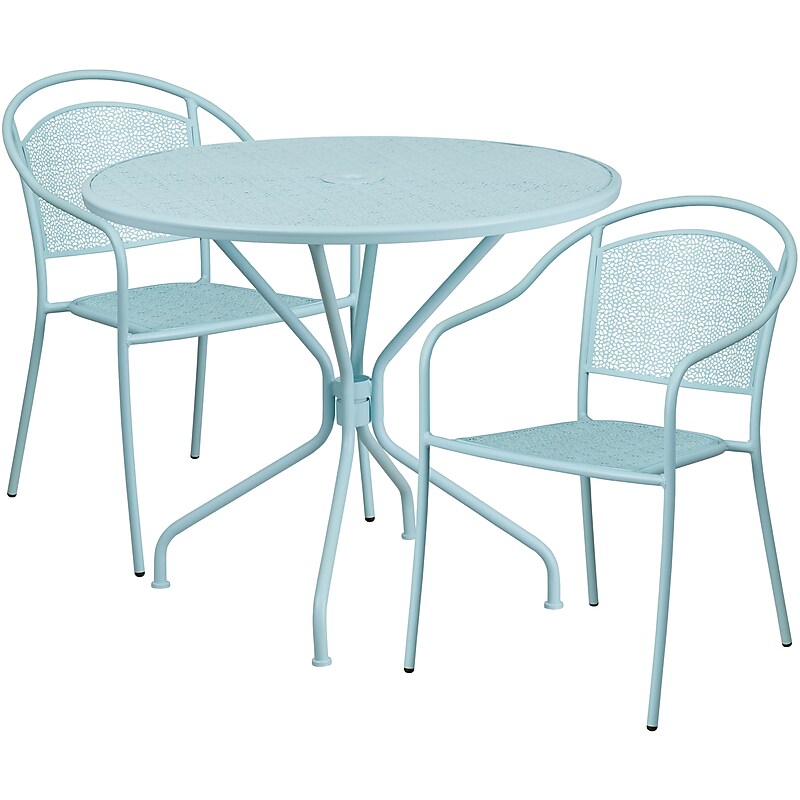 Flash Furniture Oia Indoor-Outdoor 35.25" Round Steel Patio Table Set with 2 Round Back Chairs, Sky Blue (CO35RD03CHR2SB) image 1