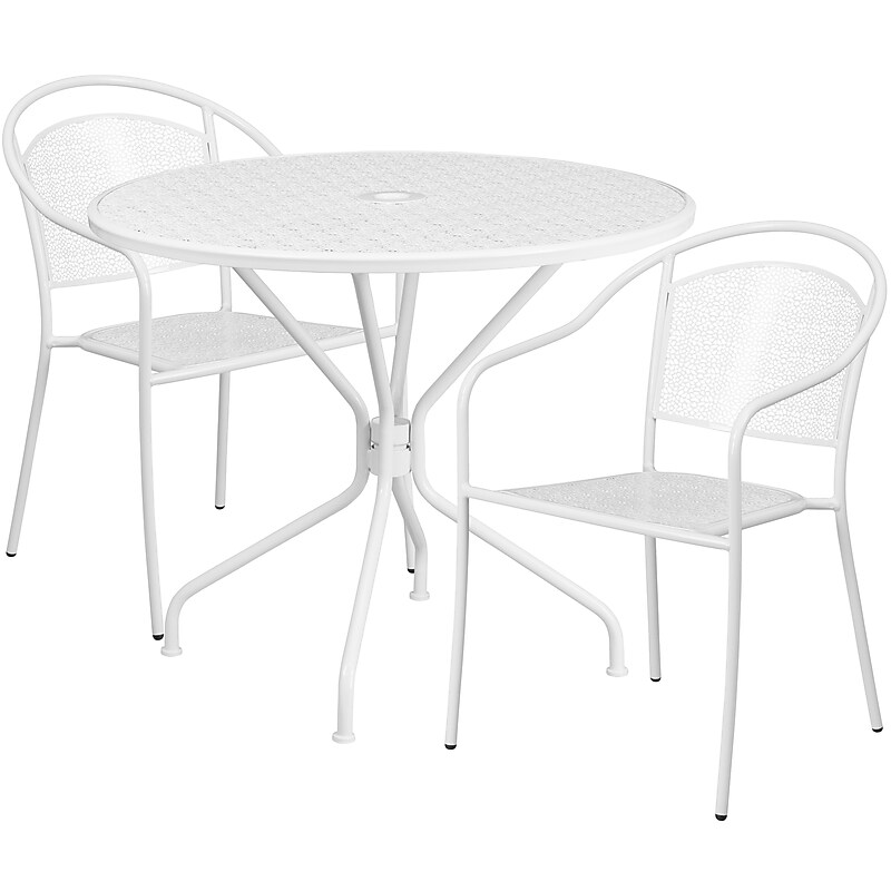 Flash Furniture Oia Indoor-Outdoor 35.25" Round Steel Patio Table Set with 2 Round Back Chairs, White (CO35RD03CHR2WH) image 1