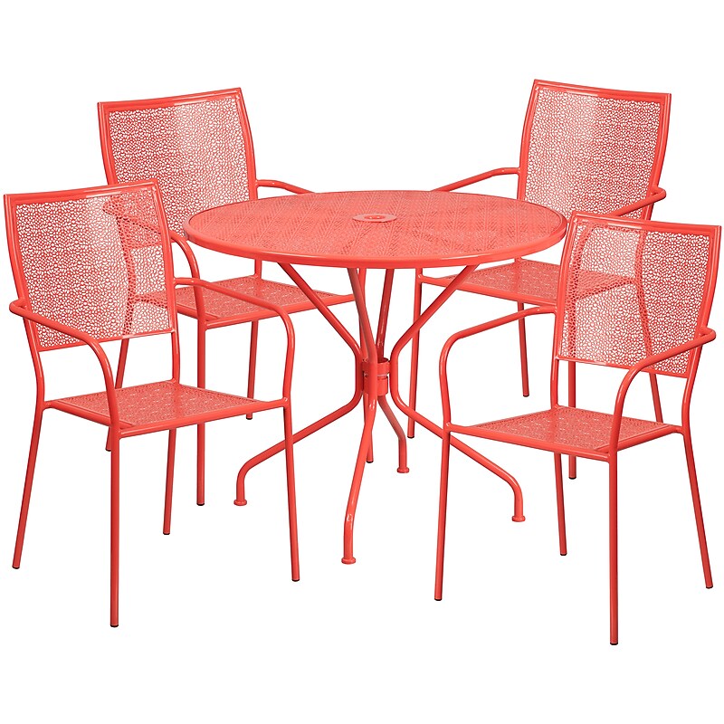 Flash Furniture Oia Indoor-Outdoor 35.25" Round Steel Patio Table Set with 4 Square Back Chairs, Coral (CO35RD02CHR4RD) image 1