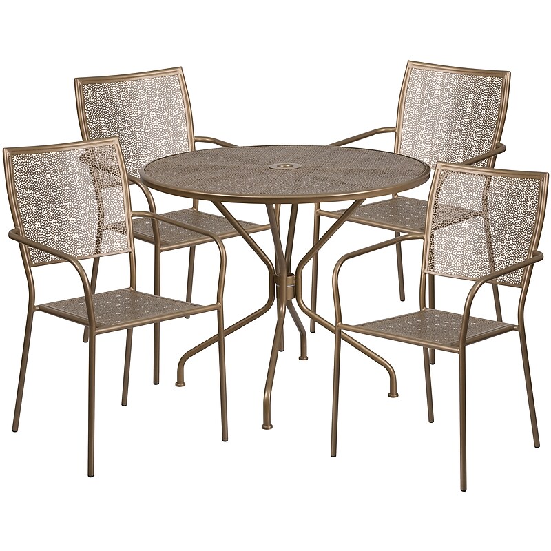 Flash Furniture Oia Indoor-Outdoor 35.25" Round Steel Patio Table Set with 4 Square Back Chairs, Gold (CO35RD02CHR4GD) image 1