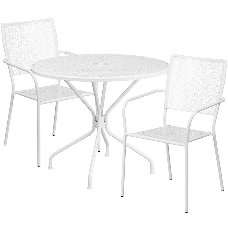 Flash Furniture Oia Indoor-Outdoor 35.25" Round Steel Patio Table Set with 2 Square Back Chairs, White (CO35RD02CHR2WH) image 1