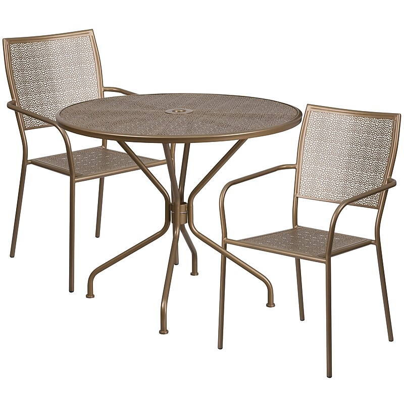 Flash Furniture Oia Indoor-Outdoor 35.25" Round Steel Patio Table Set with 2 Square Back Chairs, Gold (CO35RD02CHR2GD) image 1